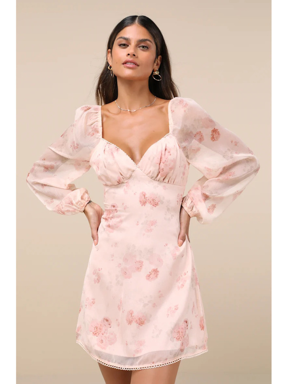 NWT Lulus Lovely Poise Light Pink Floral Tie-Back Long Sleeve Mini Dress Size M